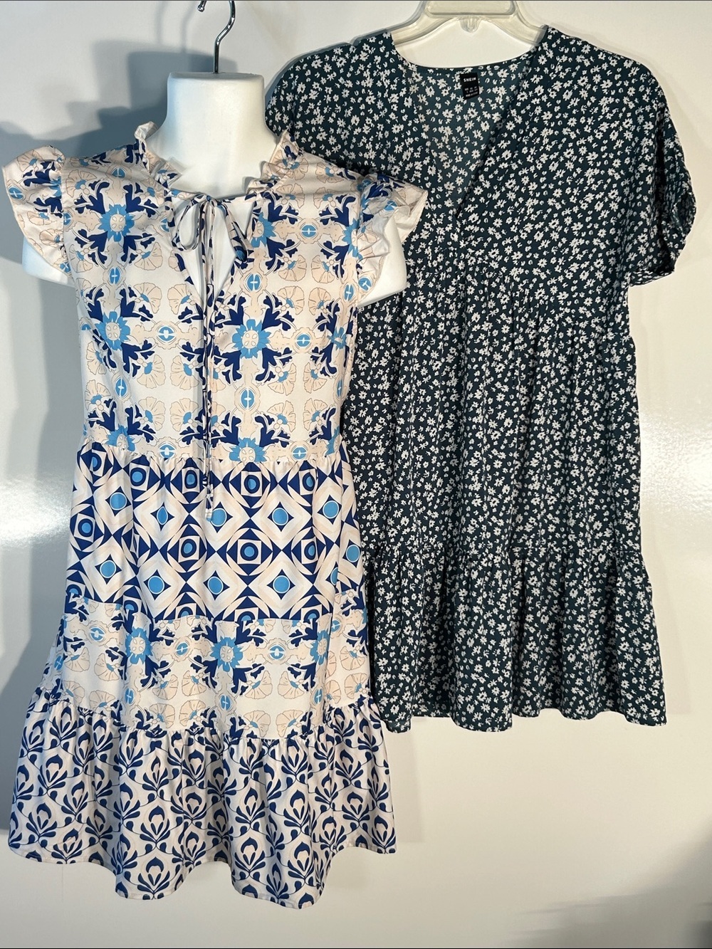 Shein (2) Dresses SZ L US 8-10 Babydoll Flowy Dresses Comfy Blue & Green Relaxed